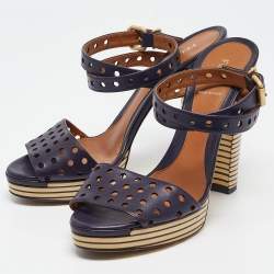 Fendi Navy Blue Perforated Leather Ankle Strap Platform Sandals Size 40