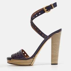 Fendi Navy Blue Perforated Leather Ankle Strap Platform Sandals Size 40