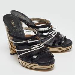 Fendi Black Leather and Satin Strappy Platform Slide Sandals Size 41