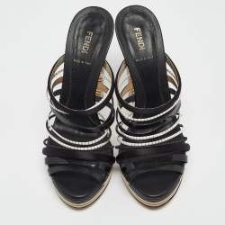 Fendi Black Leather and Satin Strappy Platform Slide Sandals Size 41