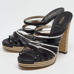 Fendi Black Leather and Satin Strappy Platform Slide Sandals Size 41