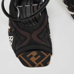 Pre Owned Fendi Brown/Black Mesh and Zucca Fabric Ankle Strap Slingback Sandals Size 36