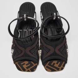 Pre Owned Fendi Brown/Black Mesh and Zucca Fabric Ankle Strap Slingback Sandals Size 36