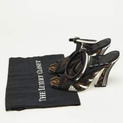 Pre Owned Fendi Brown/Black Mesh and Zucca Fabric Ankle Strap Slingback Sandals Size 36