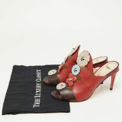 Fendi Red/Dark Brown Leather Flowerland Mules Size 38