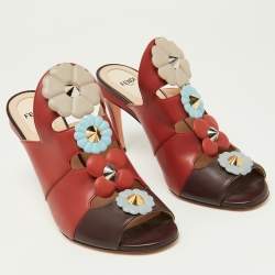 Fendi Red/Dark Brown Leather Flowerland Mules Size 38