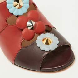 Fendi Red/Dark Brown Leather Flowerland Mules Size 38