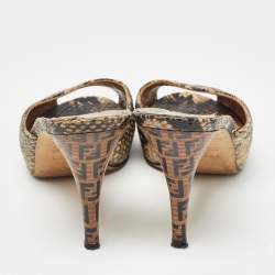 Fendi Black/Beige Embossed Snakeskin Slide Sandals Size 36