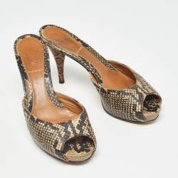 Fendi Black/Beige Embossed Snakeskin Slide Sandals Size 36