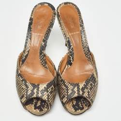 Fendi Black/Beige Embossed Snakeskin Slide Sandals Size 36