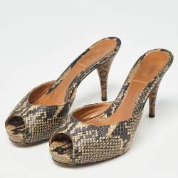Fendi Black/Beige Embossed Snakeskin Slide Sandals Size 36