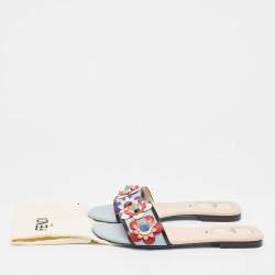 Fendi Blue Leather Flowerland Flat Slides Size 37