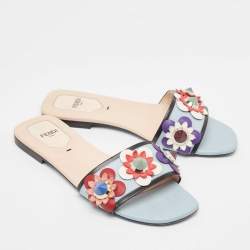 Fendi Blue Leather Flowerland Flat Slides Size 37