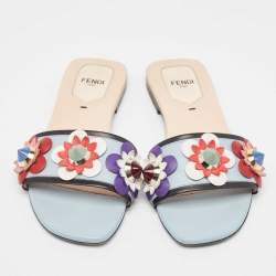 Fendi Blue Leather Flowerland Flat Slides Size 37