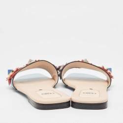 Fendi Blue Leather Flowerland Flat Slides Size 37