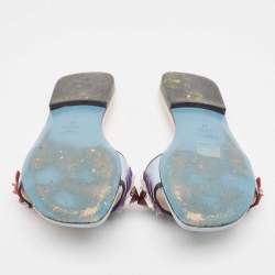 Fendi Blue Leather Flowerland Flat Slides Size 37