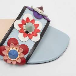 Fendi Blue Leather Flowerland Flat Slides Size 37