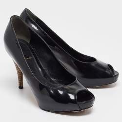 Pre Owned Fendi Black Patent Leather Zucca Heel Platform Pumps Size 35
