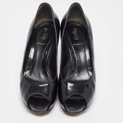 Pre Owned Fendi Black Patent Leather Zucca Heel Platform Pumps Size 35