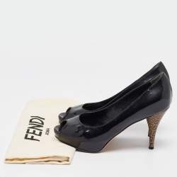 Pre Owned Fendi Black Patent Leather Zucca Heel Platform Pumps Size 35