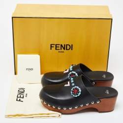 Pre Owned Fendi Black Leather Embellished Clogs Size 38.5