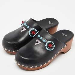 Pre Owned Fendi Black Leather Embellished Clogs Size 38.5