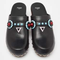 Pre Owned Fendi Black Leather Embellished Clogs Size 38.5