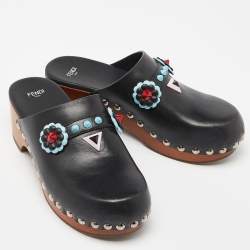 Pre Owned Fendi Black Leather Embellished Clogs Size 38.5