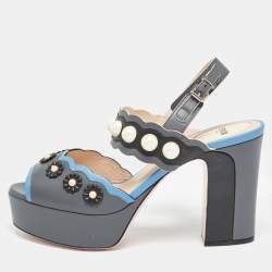 Pre Owned Fendi Grey/Blue Leather Faux Pearl Embellished Platform Sandals Size 40