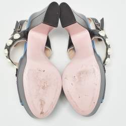 Pre Owned Fendi Grey/Blue Leather Faux Pearl Embellished Platform Sandals Size 40