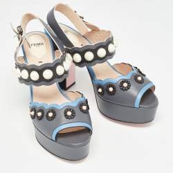 Pre Owned Fendi Grey/Blue Leather Faux Pearl Embellished Platform Sandals Size 40