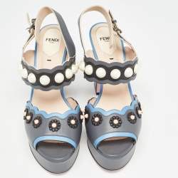 Pre Owned Fendi Grey/Blue Leather Faux Pearl Embellished Platform Sandals Size 40