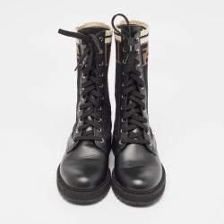Pre Owned Fendi Black Leather and Zucca Stretch Fabric Rockoko Combat Boots Size 36