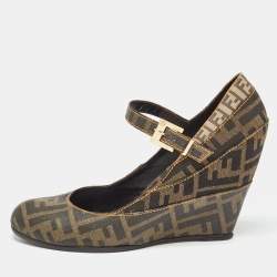 Pre Owned Fendi Tobacco Zucca Coated Canvas Wedge Strap Pumps Size 39