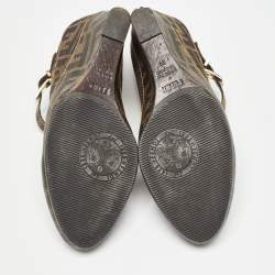 Pre Owned Fendi Tobacco Zucca Coated Canvas Wedge Strap Pumps Size 39