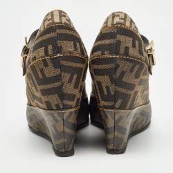 Pre Owned Fendi Tobacco Zucca Coated Canvas Wedge Strap Pumps Size 39