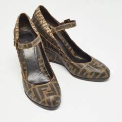 Pre Owned Fendi Tobacco Zucca Coated Canvas Wedge Strap Pumps Size 39