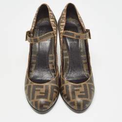 Pre Owned Fendi Tobacco Zucca Coated Canvas Wedge Strap Pumps Size 39