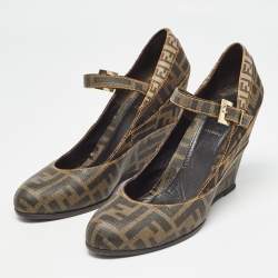 Pre Owned Fendi Tobacco Zucca Coated Canvas Wedge Strap Pumps Size 39