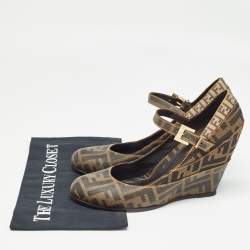 Pre Owned Fendi Tobacco Zucca Coated Canvas Wedge Strap Pumps Size 39