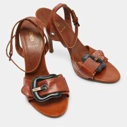 Pre Owned Fendi Brown Leather Buckle Detail Ankle Strap Sandals Size 37