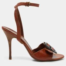 Pre Owned Fendi Brown Leather Buckle Detail Ankle Strap Sandals Size 37