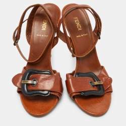 Pre Owned Fendi Brown Leather Buckle Detail Ankle Strap Sandals Size 37