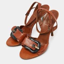 Pre Owned Fendi Brown Leather Buckle Detail Ankle Strap Sandals Size 37