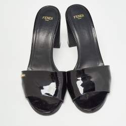 Fendi Black Patent Leather Open Toe Slide Sandals Size 39