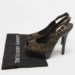 Pre Owned Fendi Brown/Beige Canvas Slingback Peep Toe Sandals Size 38