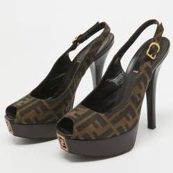 Pre Owned Fendi Brown/Beige Canvas Slingback Peep Toe Sandals Size 38