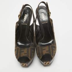 Pre Owned Fendi Brown/Beige Canvas Slingback Peep Toe Sandals Size 38