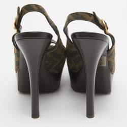 Pre Owned Fendi Brown/Beige Canvas Slingback Peep Toe Sandals Size 38