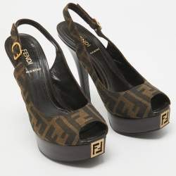 Pre Owned Fendi Brown/Beige Canvas Slingback Peep Toe Sandals Size 38